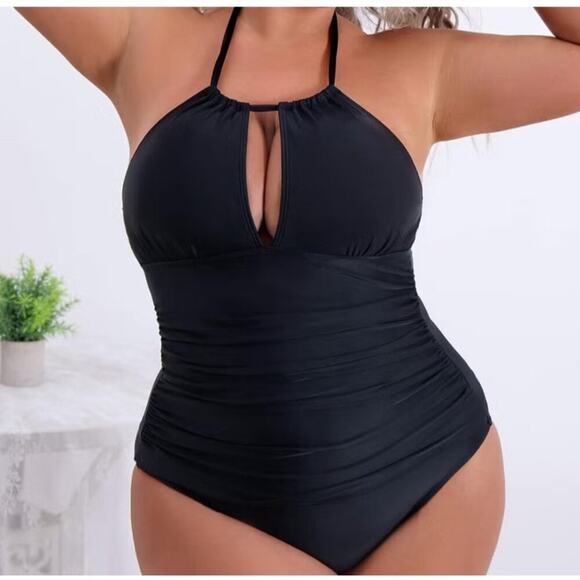 Aqua Eve Women’s Plus 20W Black One Piece Swimsuit V-Neck Halter Tummy Control - Picture 2 of 6